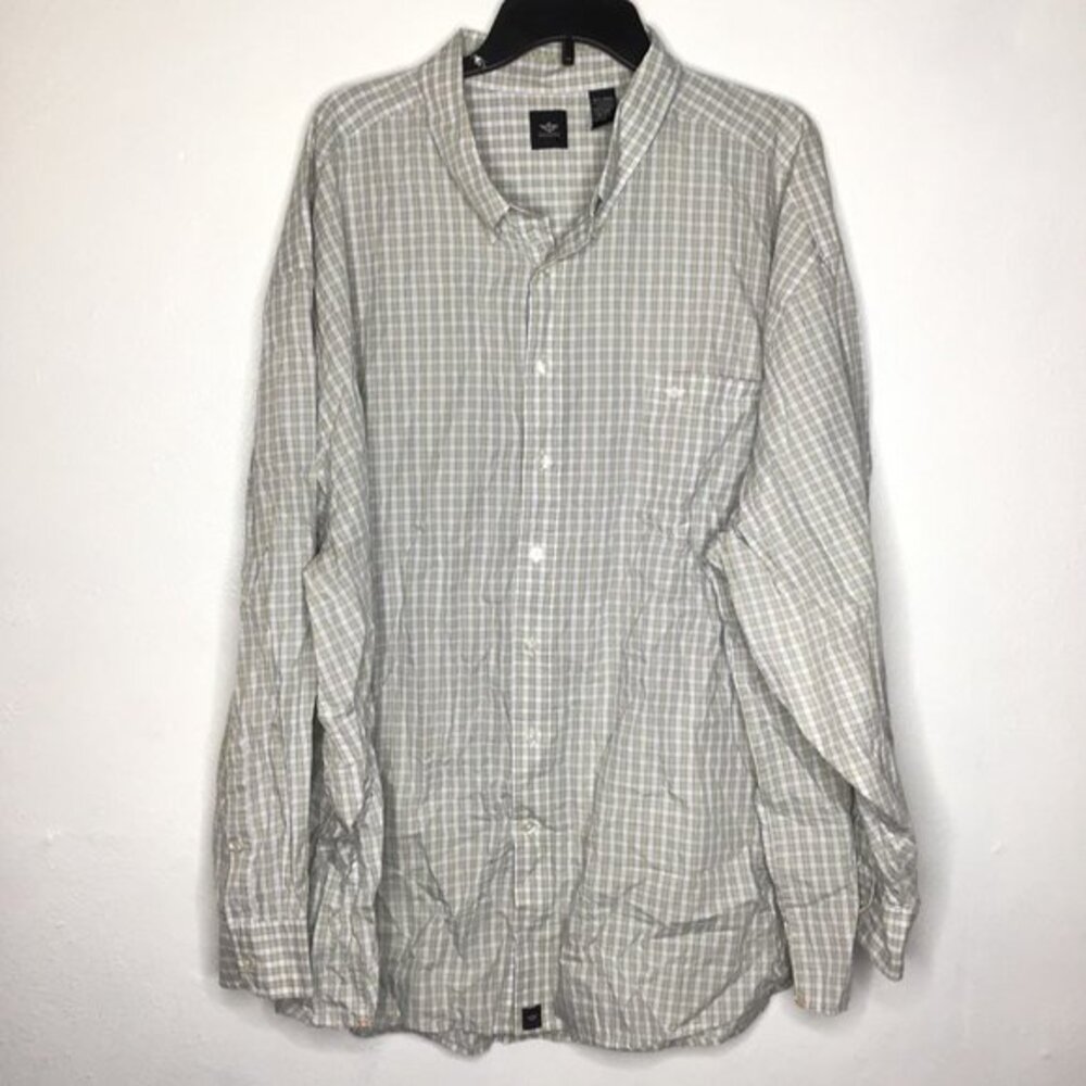 Dockers Men Button Up Shirt Long Sleeve Plaid Tan Blue White Size 4XL